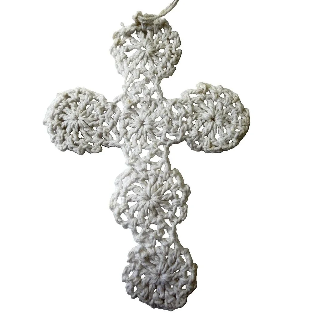 Vintage 1970s Handmade Crocheted Cross Ornaments White Cotton Lace Set of 2